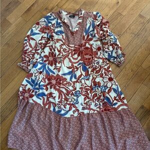 Women's Floral Tiered Midi Dress in Rust, Blue & Cream